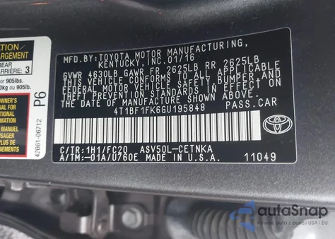 2016 Toyota Camry Le from USA, damaged, VIN 4T1BF1FK6GU195848